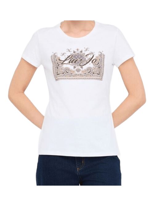 T-shirt da donna in cotone a maniche corte con logo e strass, colore bianco LIU JO | MF5456-JS923P9172